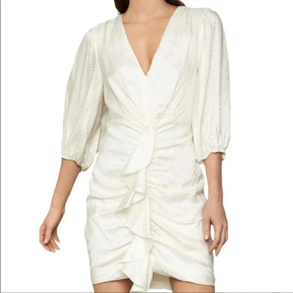BCBGMAXARIZIA satin dot ruched ruffle mini dress